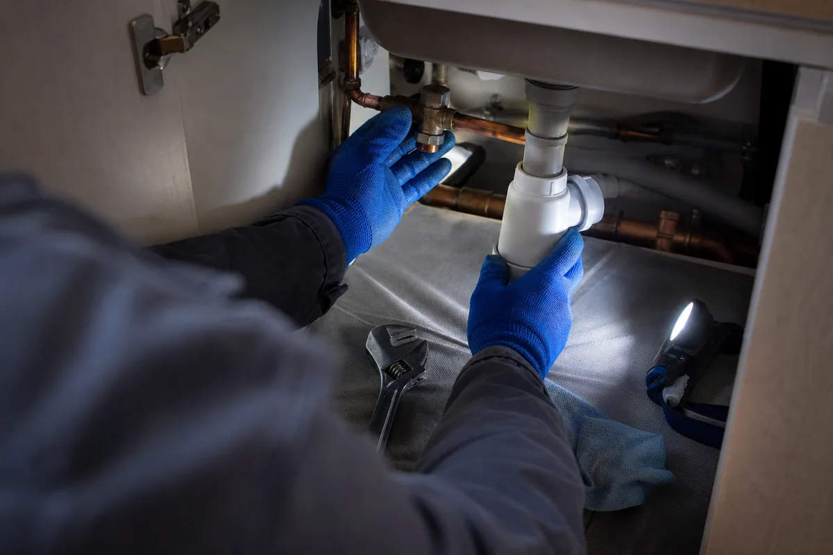 Mains gantées inspectant un raccord en cuivre sous un évier de cuisine