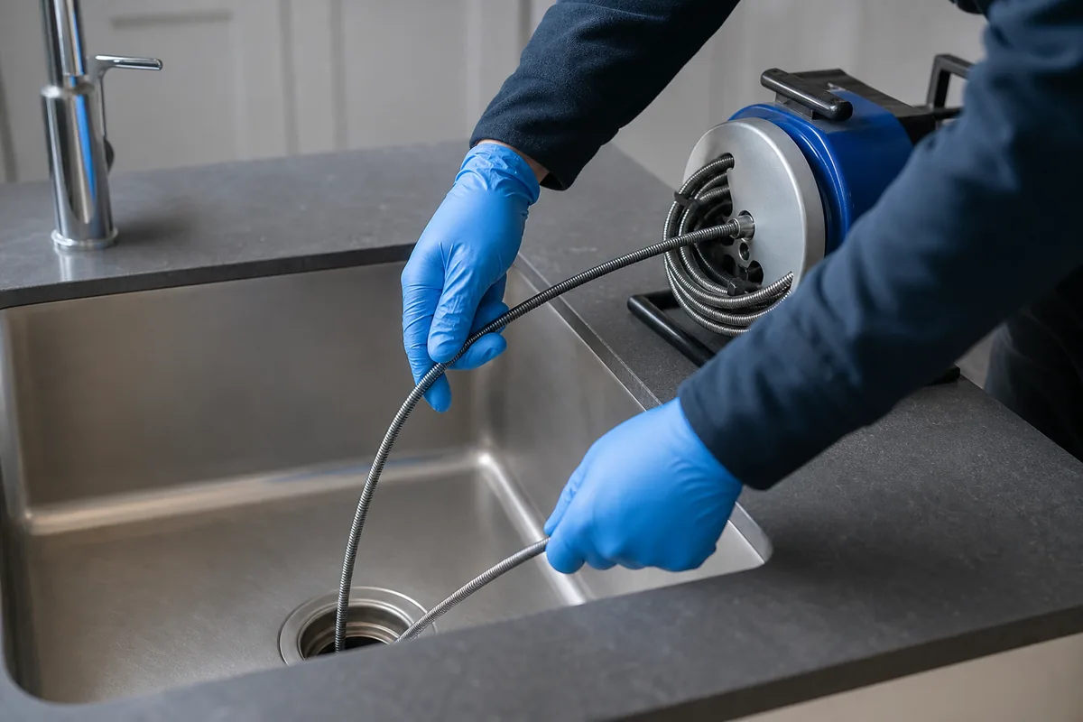 Mains gantées engageant un furet électrique dans la bonde d&rsquo;un évier de cuisine