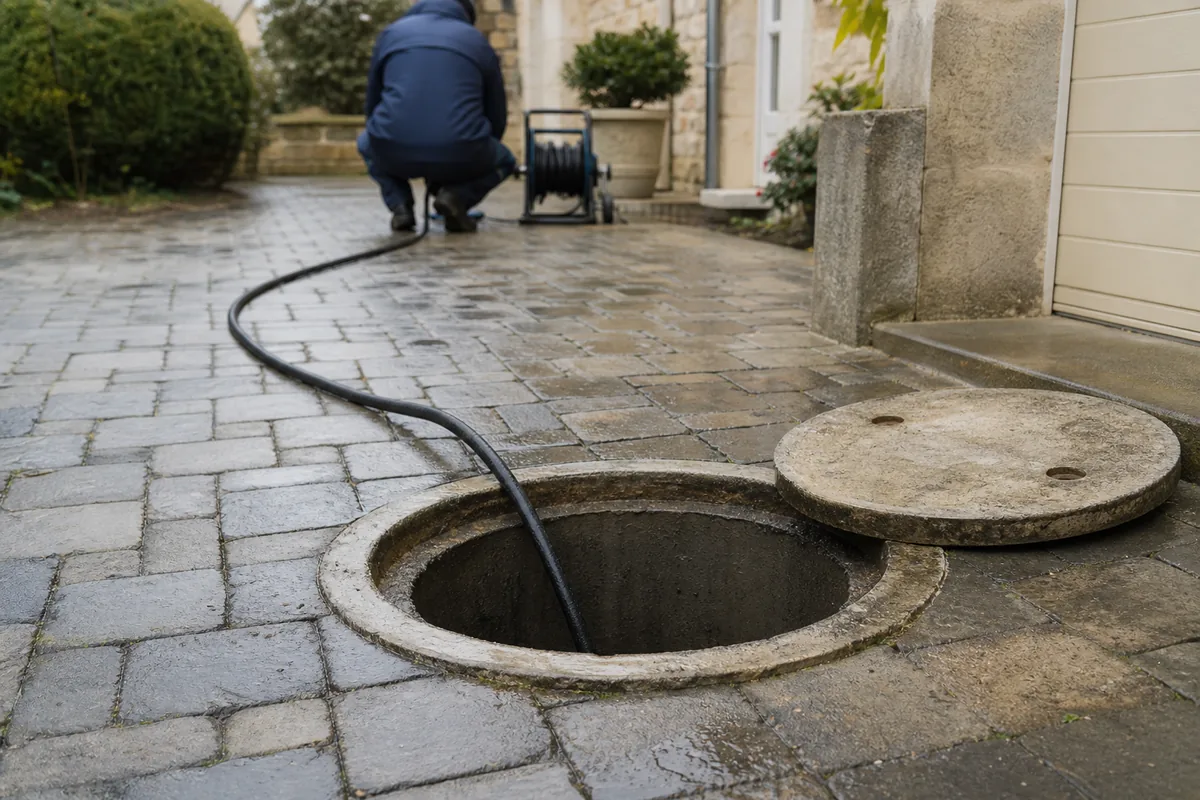 Regard d&rsquo;assainissement ouvert dans une cour, tuyau d&rsquo;hydrocurage déroulé au sol
