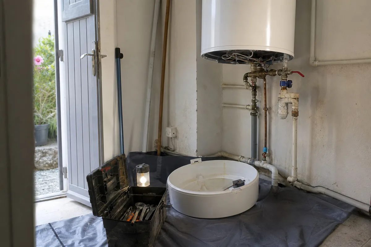 Chauffe-eau ouvert dans un placard technique, sol protégé par une bâche et outils posés au sol