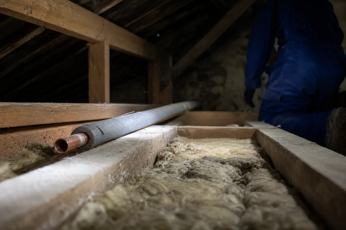 Canalisation en cuivre habillée de coquilles isolantes entre deux solives dans un comble non aménagé