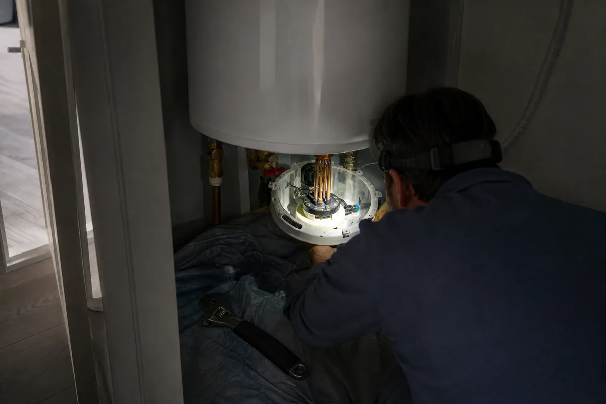 Chauffe-eau ouvert dans un placard technique, sol protégé par une bâche, éclairage de lampe frontale