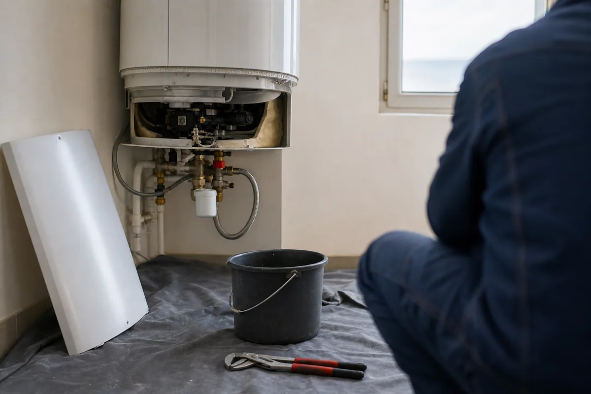Chauffe-eau ouvert dans un local technique, sol protégé par une bâche et outils posés au premier plan
