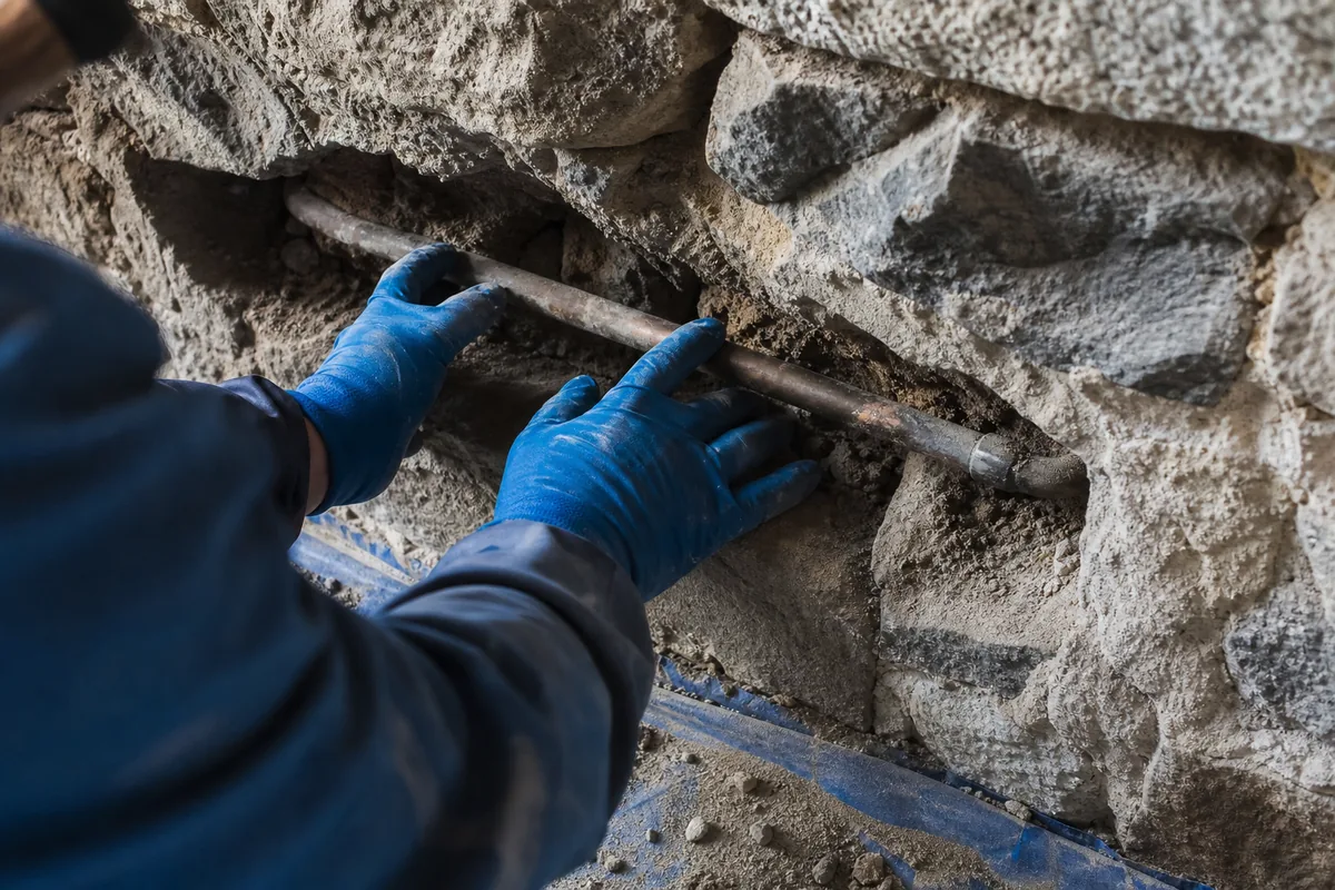Mains gantées suivant une canalisation encastrée dans un mur de pierre