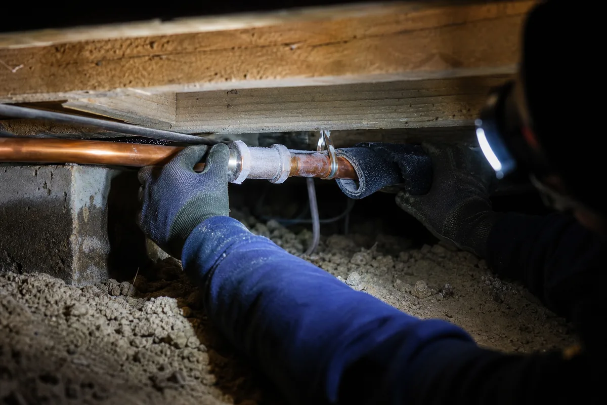 Mains gantées éclairées par une lampe frontale inspectant une canalisation en cuivre dans un vide sanitaire