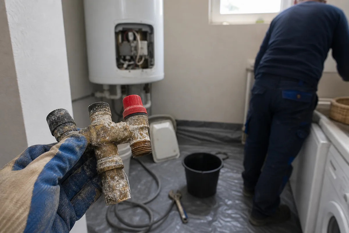 Chauffe-eau ouvert dans une buanderie, sol protégé par une bâche et groupe de sécurité corrodé au premier plan