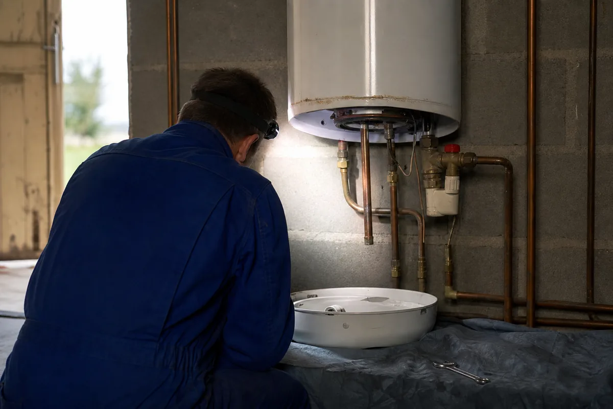Chauffe-eau ouvert dans un garage, sol protégé par une bâche et éclairage de lampe frontale