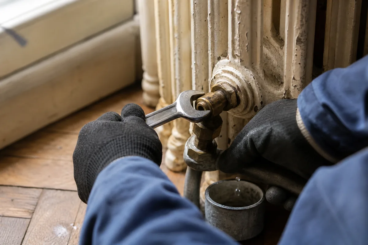 Mains gantées d’un plombier travaillant sur le té de réglage d’un radiateur en fonte