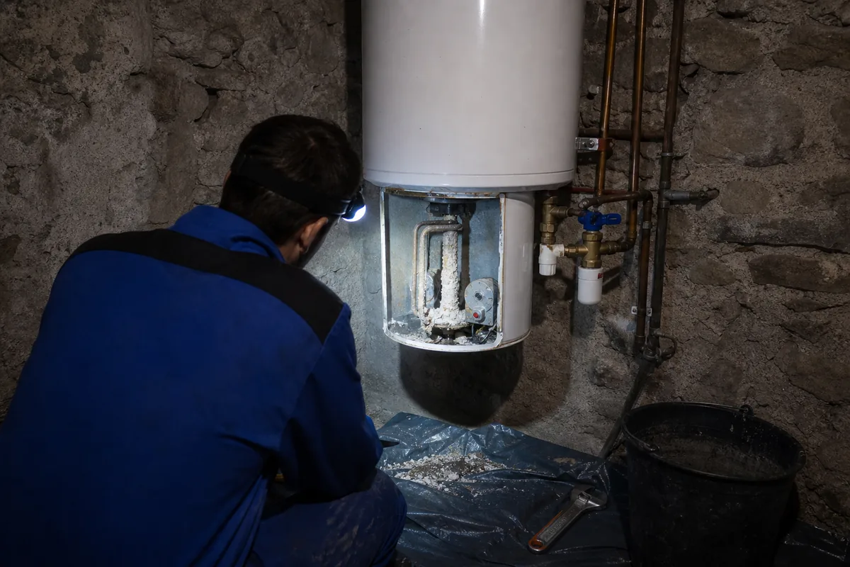 Chauffe-eau ouvert dans une cave de maison ancienne, sol protégé par une bâche et lampe frontale