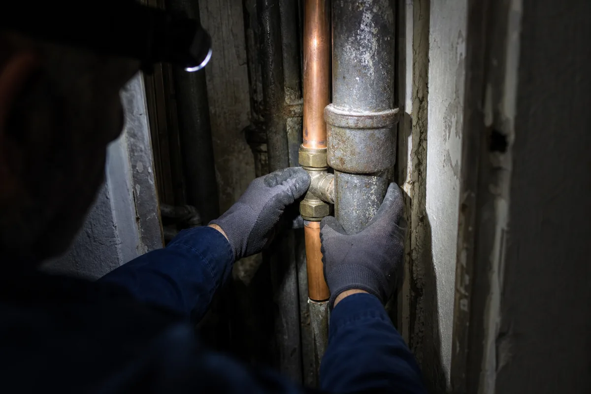 Mains gantées inspectant un raccord de colonne montante en cuivre dans un placard technique d’immeuble ancien