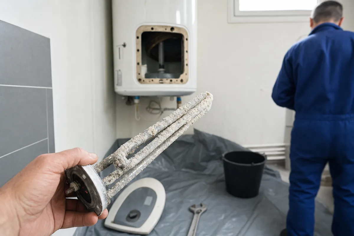 Chauffe-eau ouvert dans un local technique, sol protégé par une bâche et outils posés au premier plan
