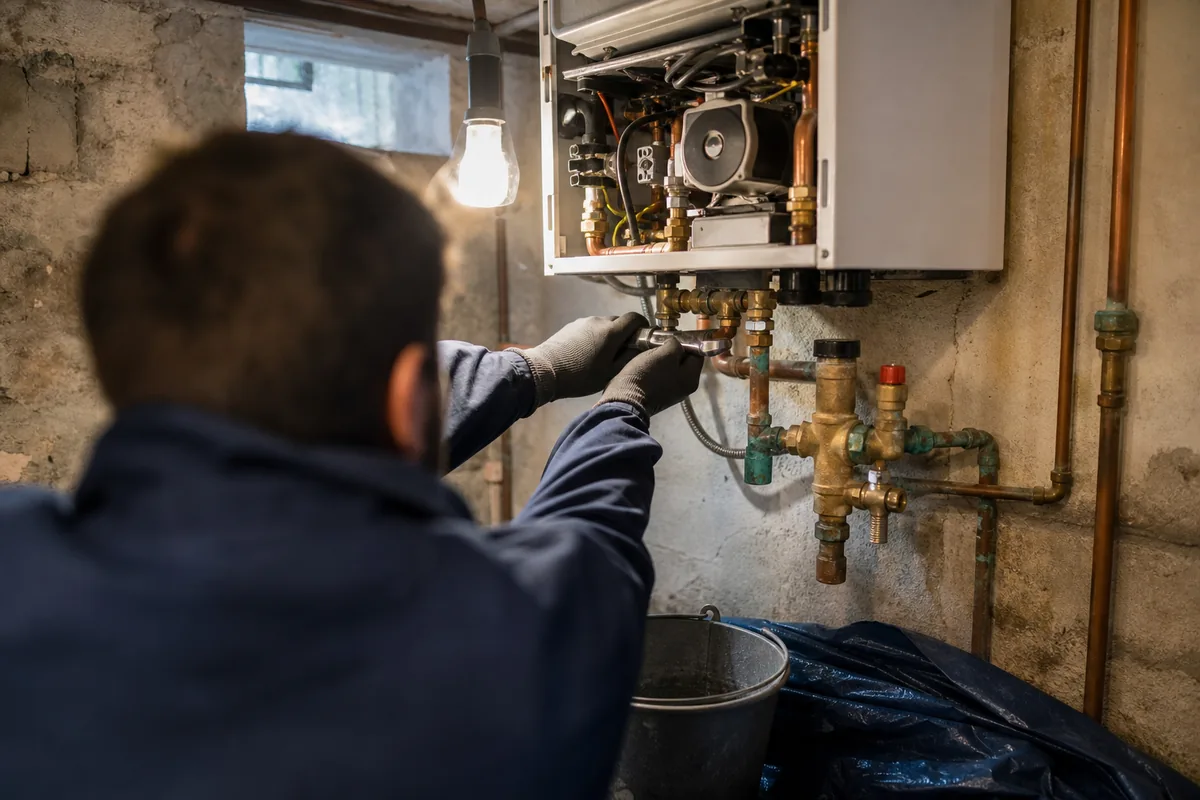 Chauffe-eau ouvert dans un sous-sol, groupe de sécurité et sol protégé par une bâche