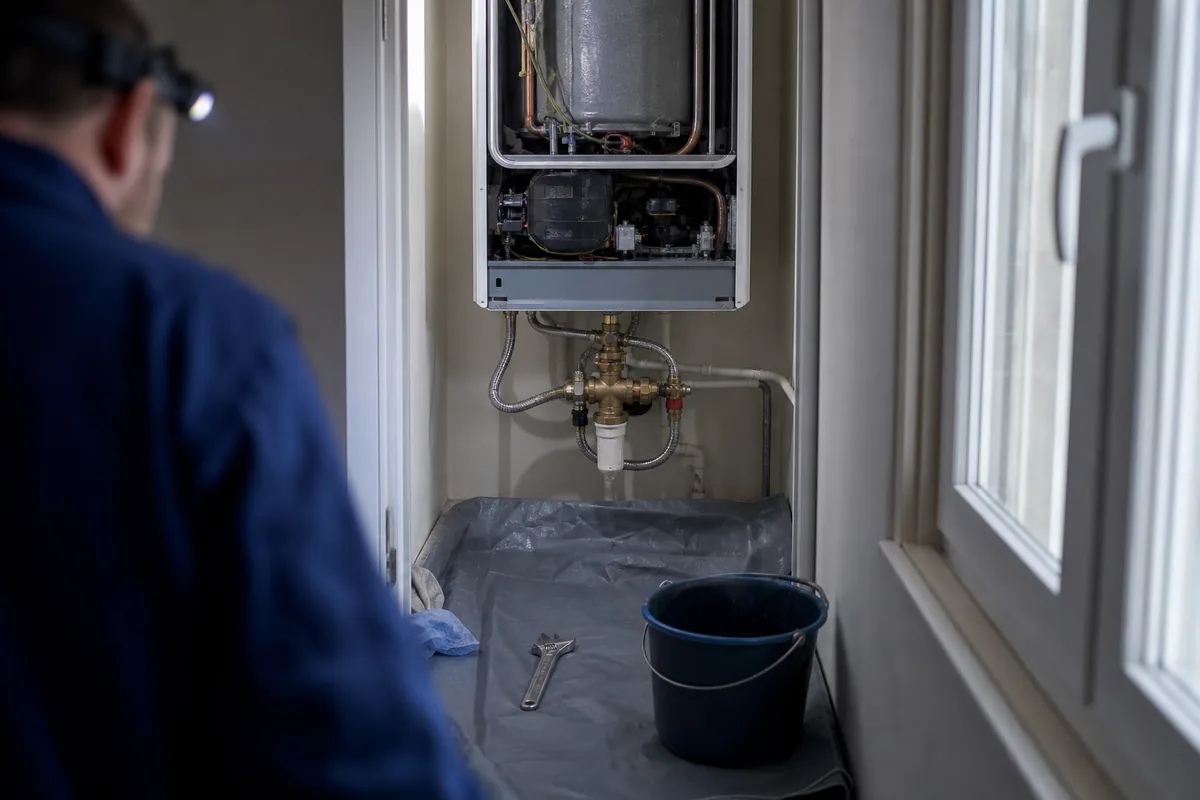 Chauffe-eau ouvert dans un placard technique, sol protégé par une bâche et outils posés